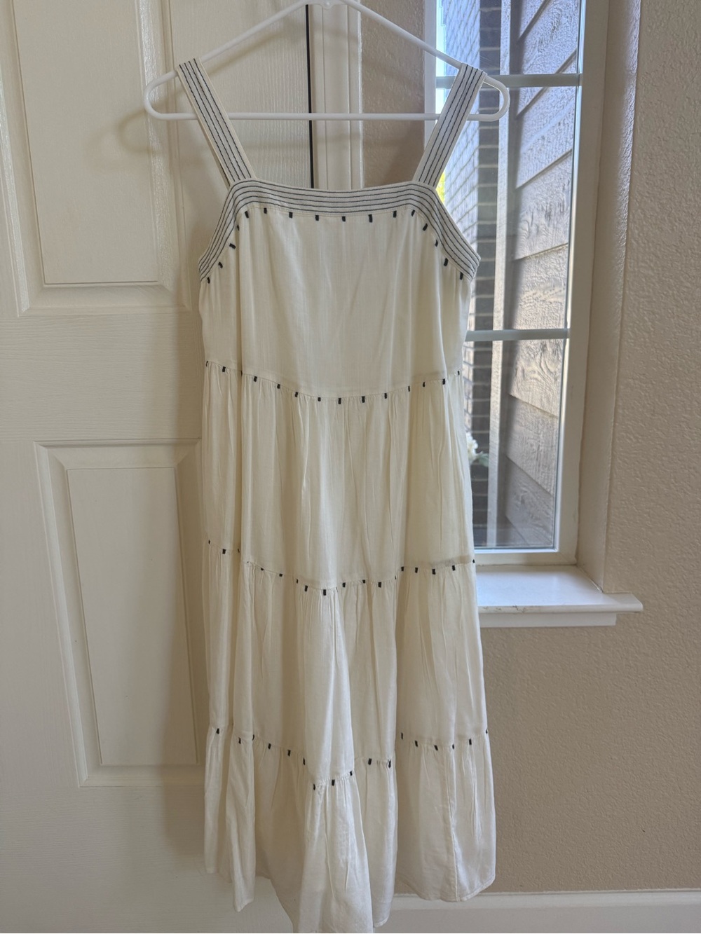 Old Navy Boho Midi Cream Tiered Dress with Navy Stripe Straps XS